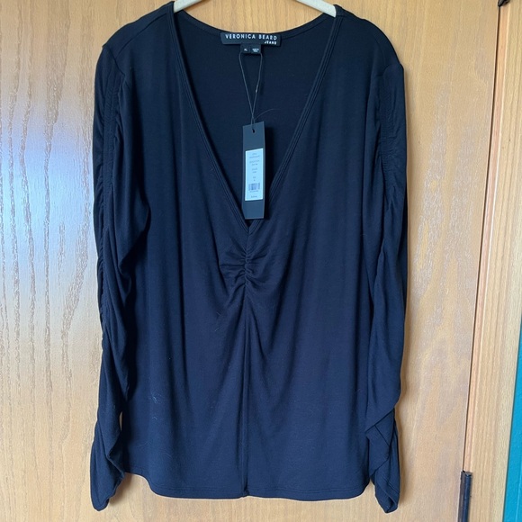 NWT Veronica Beard Black Ruched Long Sleeve Blouse (Sera Tee) - Picture 1 of 4